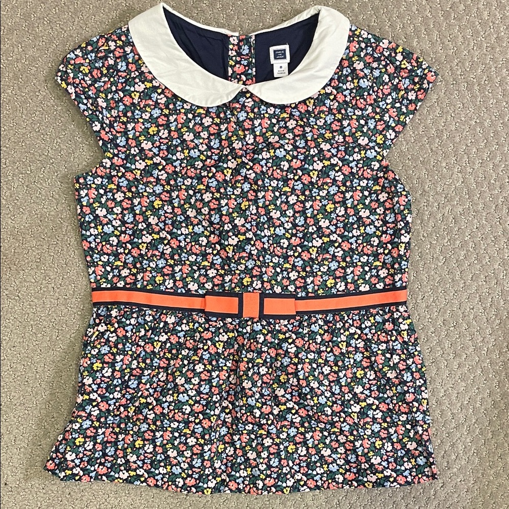 Navy Floral Peter Pan Collar Top with Coral Belt